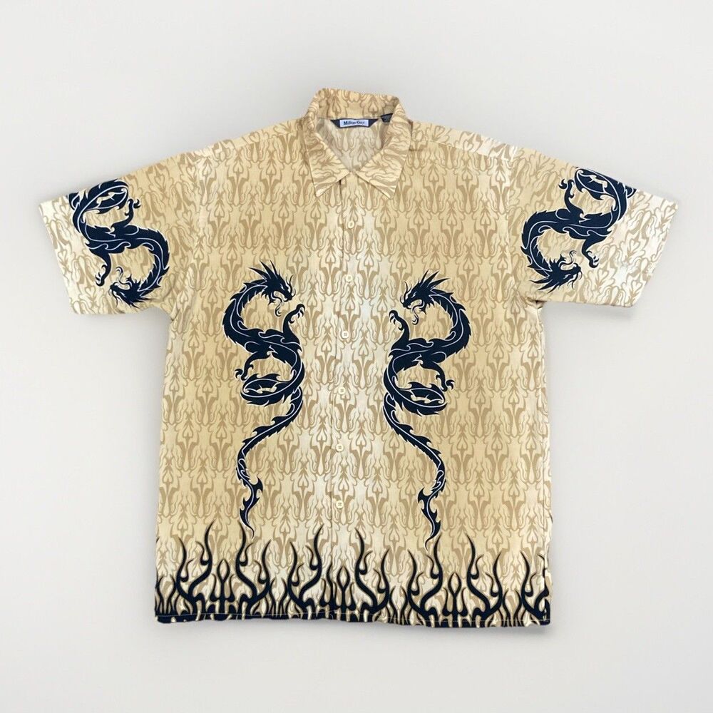 Vintage Million Guy Men's Button Down Dragon Graphic Shirt Short Sleeve Large